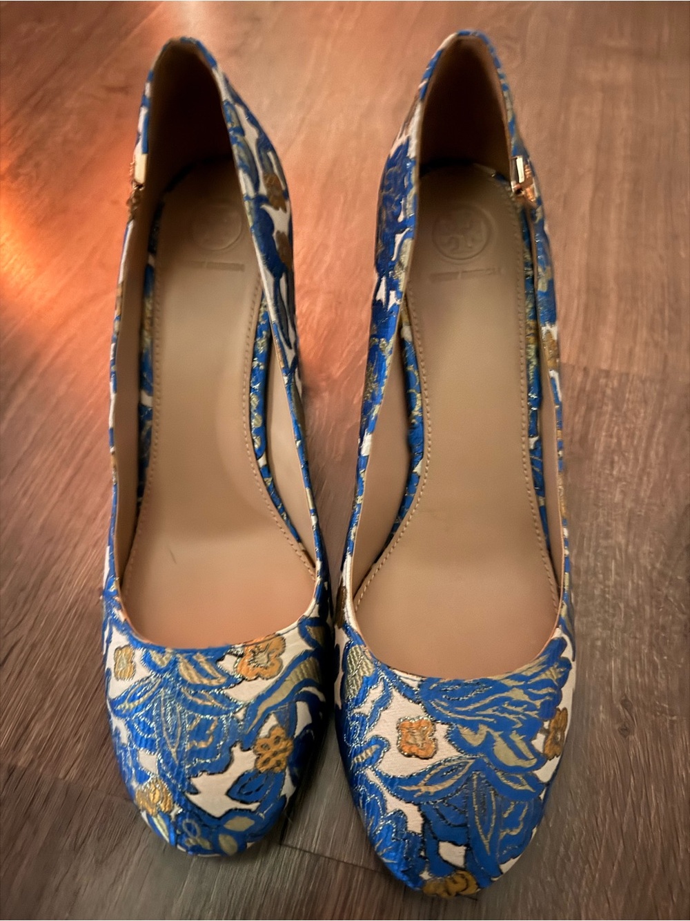 Tory Burch Blue and Gold Floral Pumps